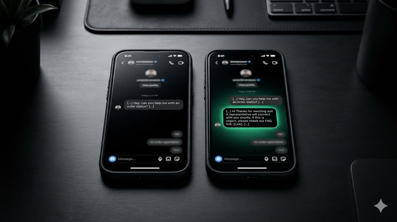 Auto DM Instagram setup — two phones showing incoming message and instant AI reply