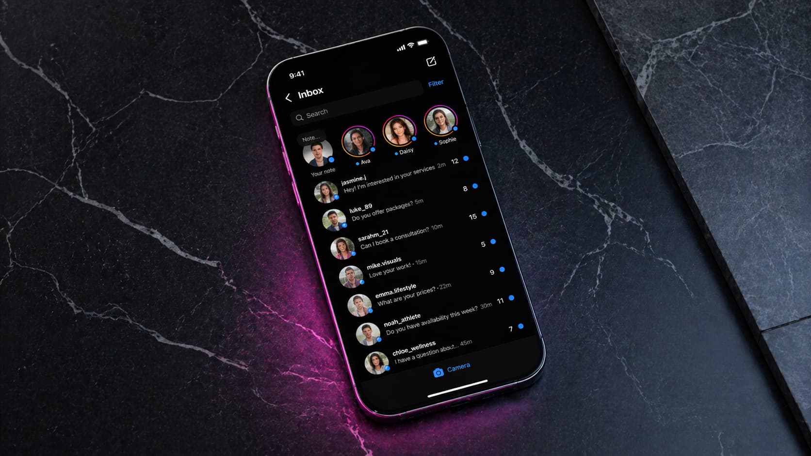 Instagram DM inbox showing unread messages piling up