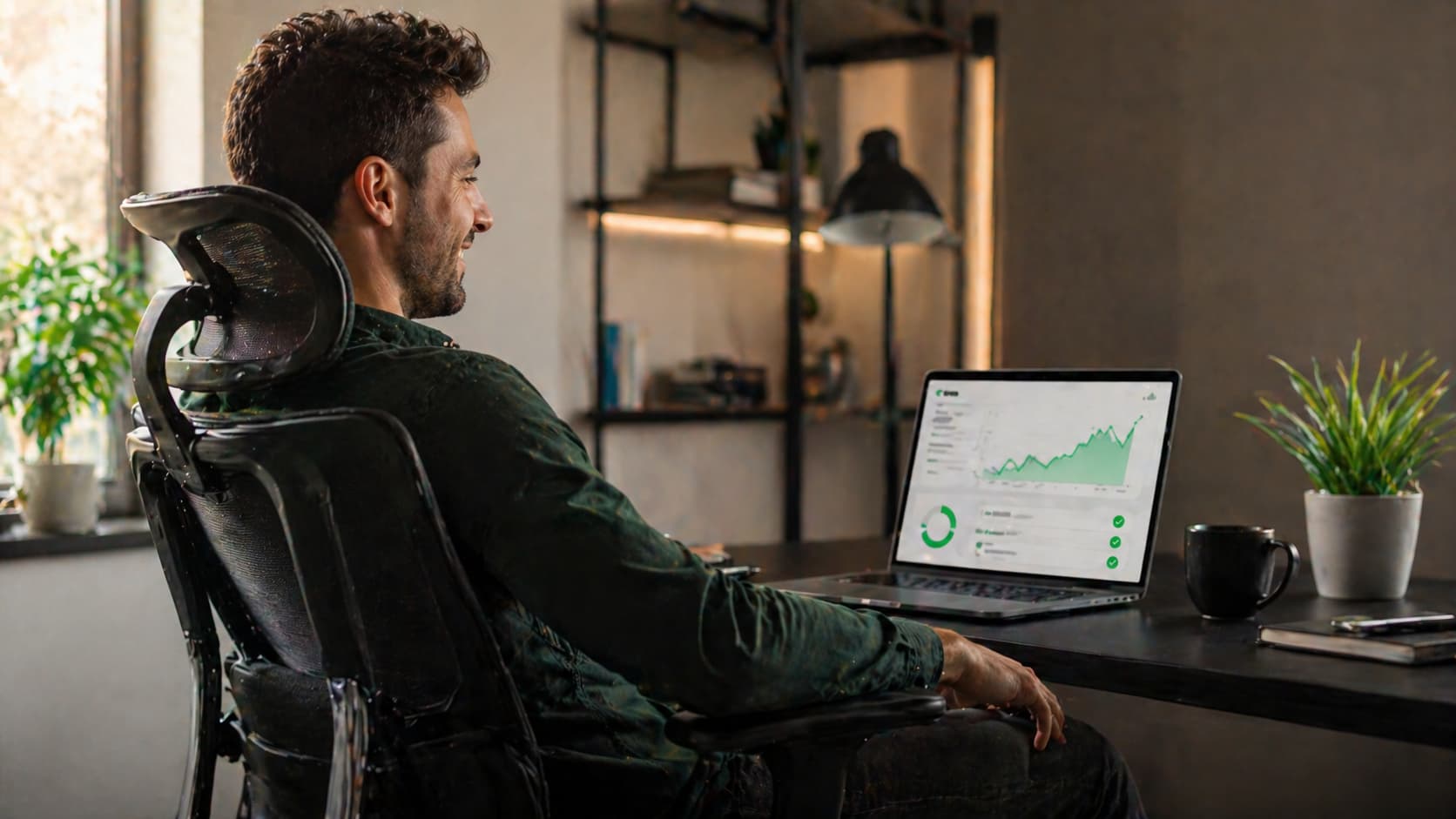 Business owner relaxed checking ReplyMind dashboard while DMs are handled automatically